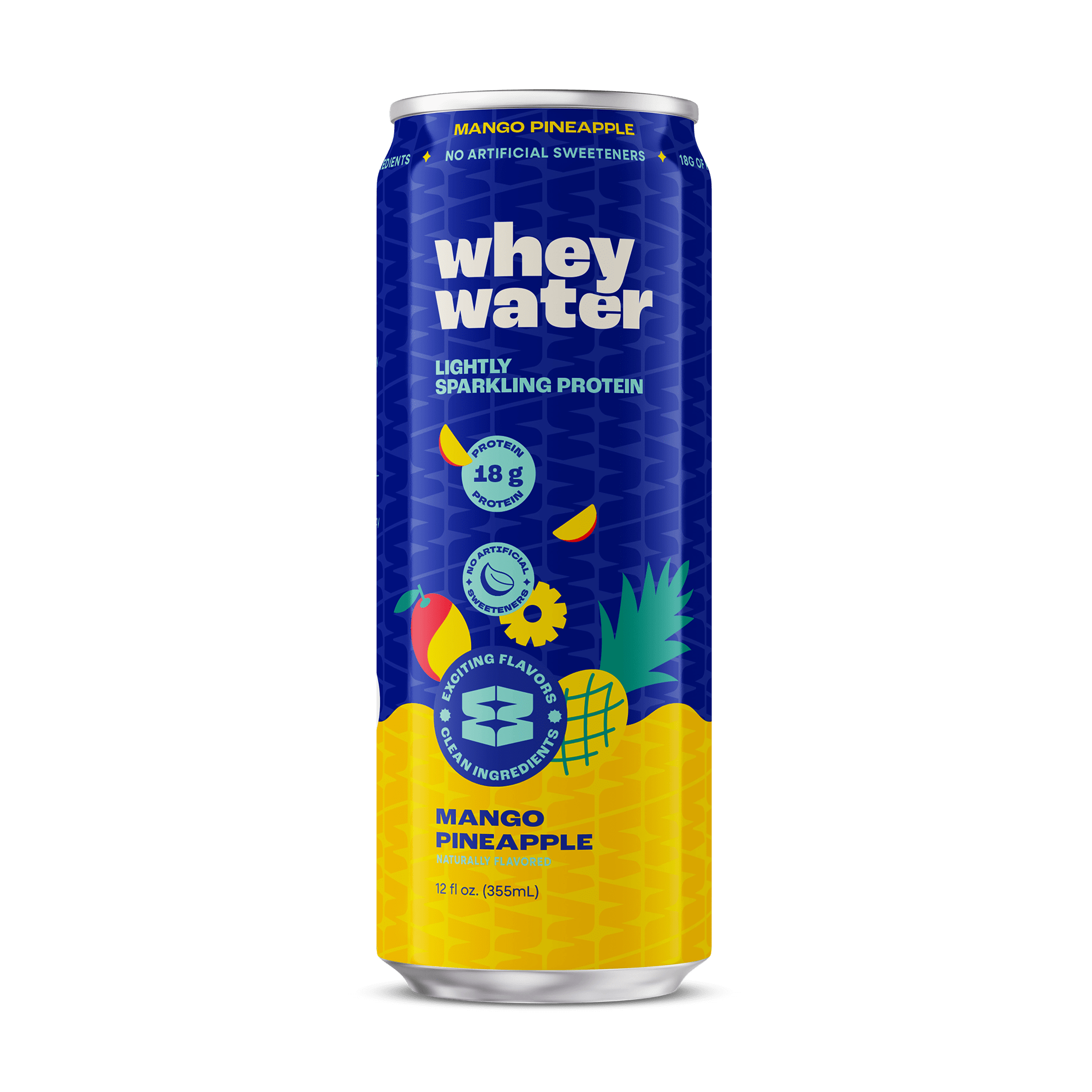 Whey Water can with blue and yellow design on a green background