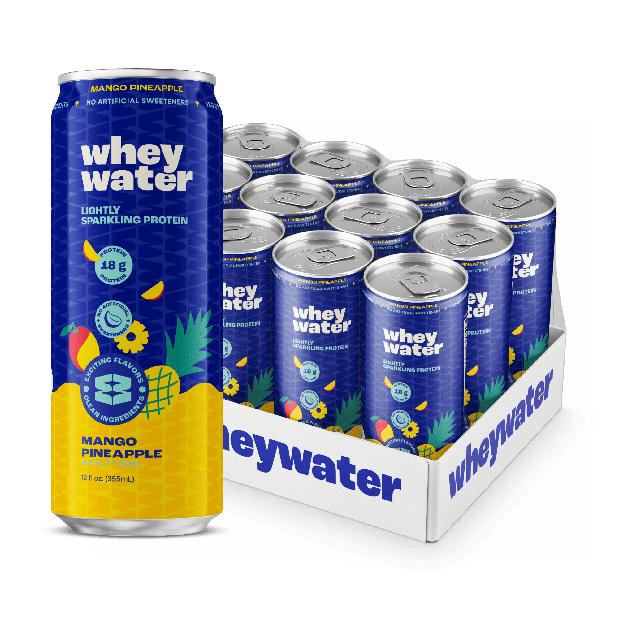 Whey Water can with packaging displaying multiple cans on a green background