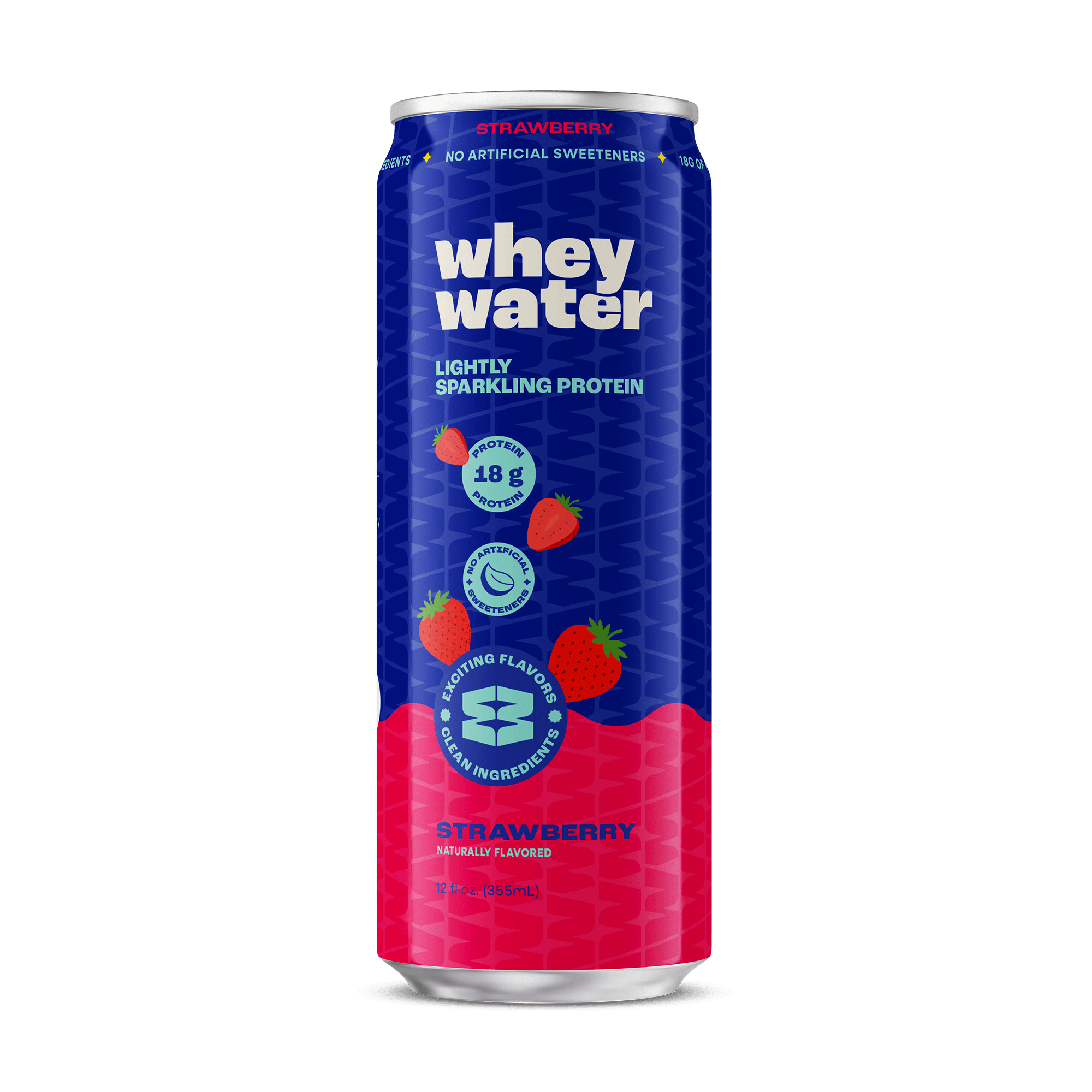 Whey water can with blue and pink design on a green background