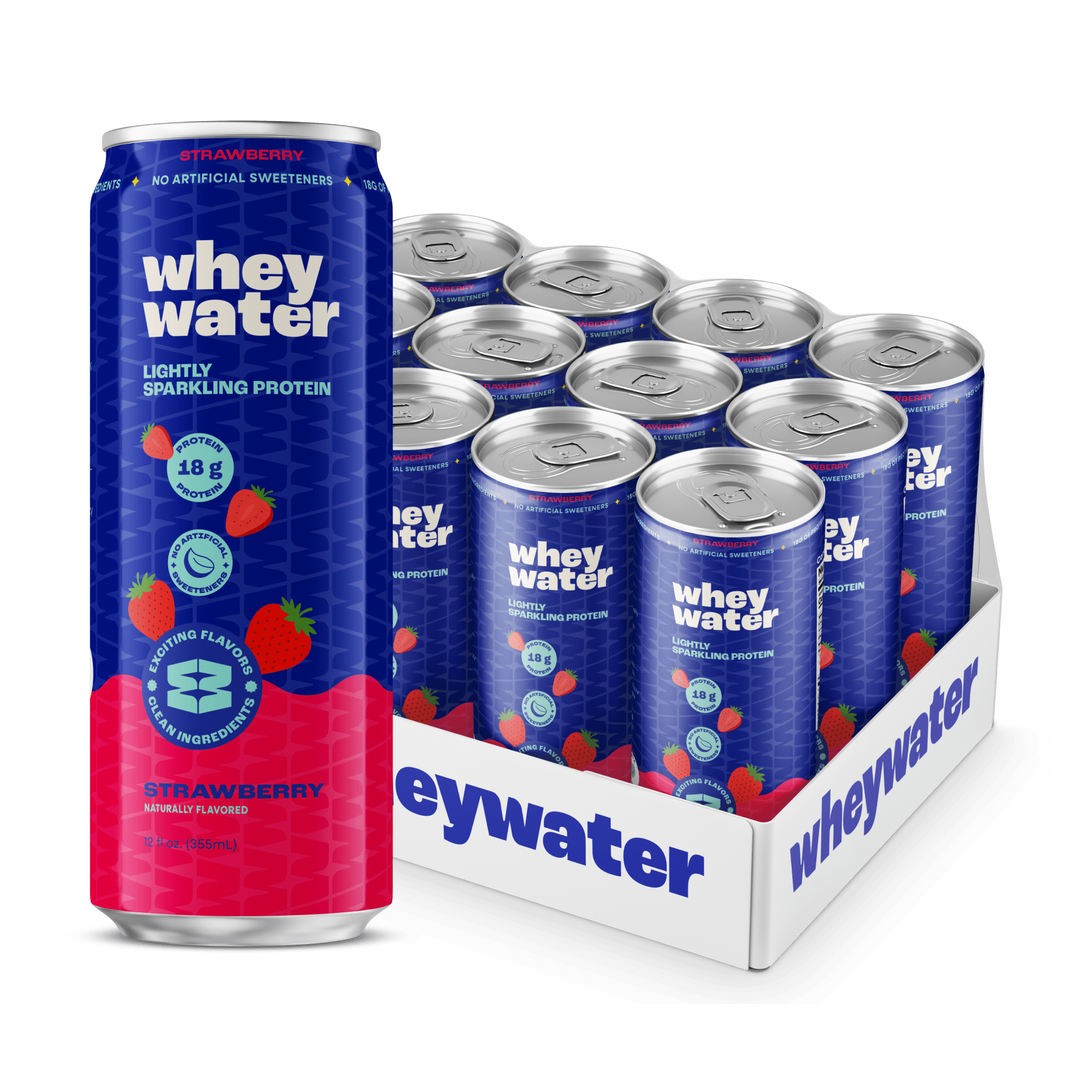 Whey Water can with packaging on a white background