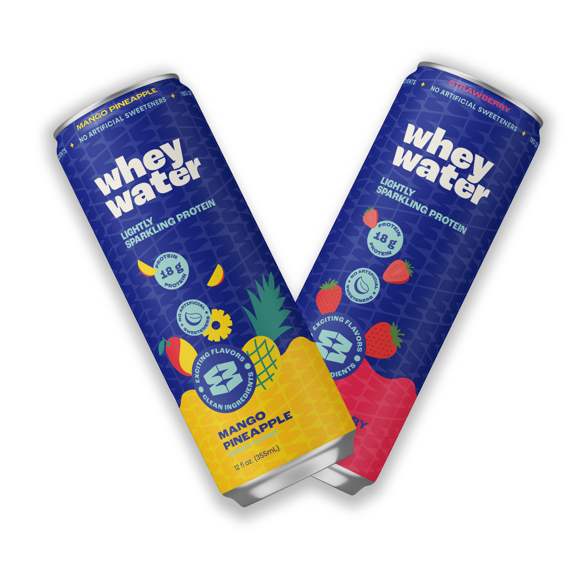 Two cans of whey water protein drink on a white background